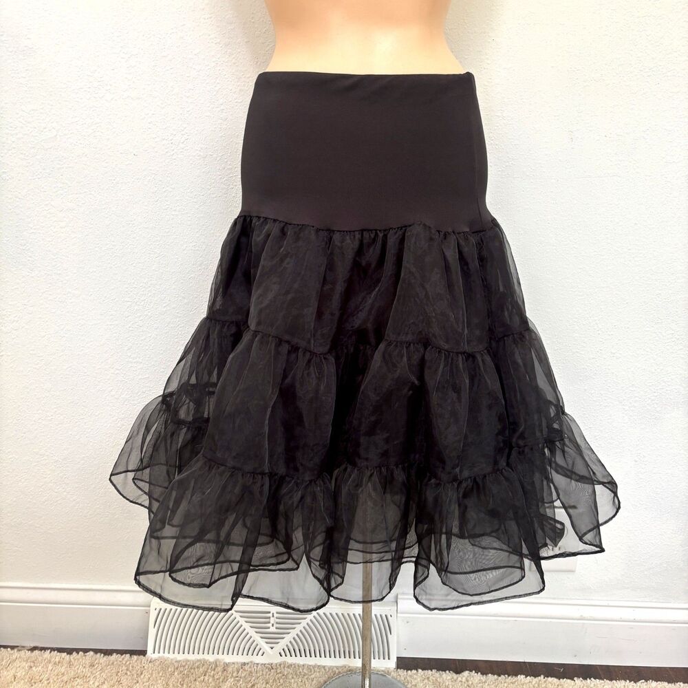 Womens Fairy Grunge Whimsigoth Tiered Midi Skirt Large Sheer Black Witchy